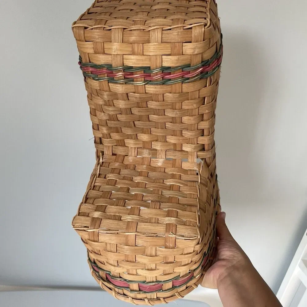 Vintage Rustic Country Woven Stair Basket Cottagecore Tan Red Green 13' x 14'